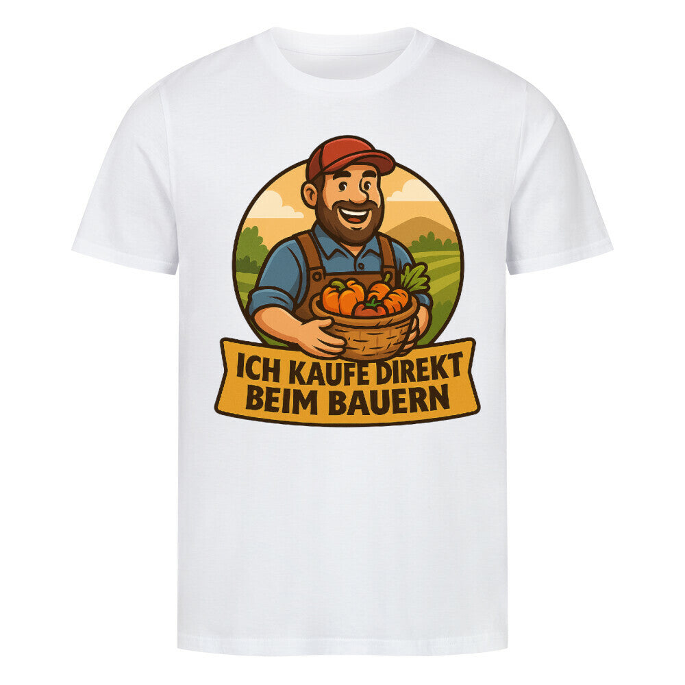 Fröhlicher Landwirt mit Korb voller Gemüse, darunter der Schriftzug „Ich kaufe direkt beim Bauern“. weiß