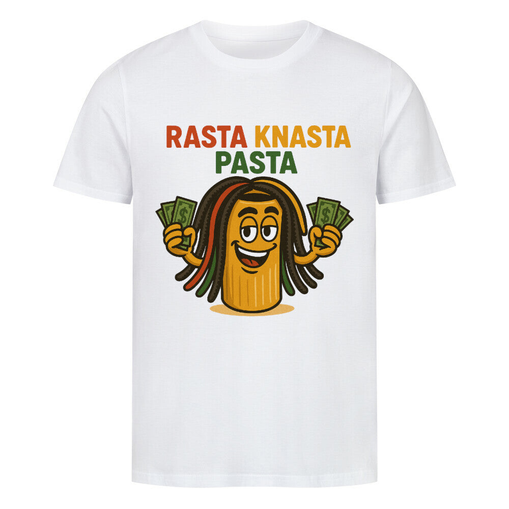 Cartoon-Nudel mit Dreadlocks und Geldfächern, Text „Rasta Knasta Pasta“. weiß