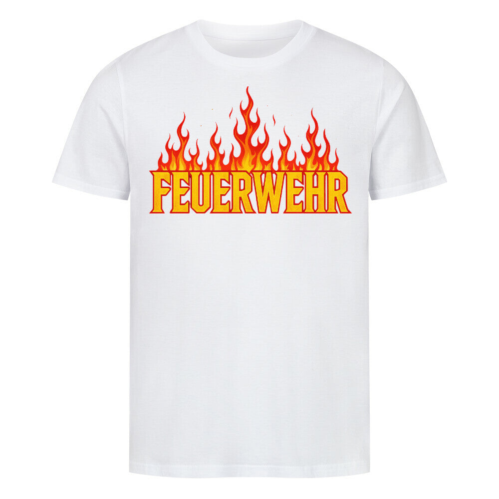 Feuerwehr-Schriftzug mit Flammen in Heavy-Metal-Stil Symbol für Mut und Einsatz. weiß