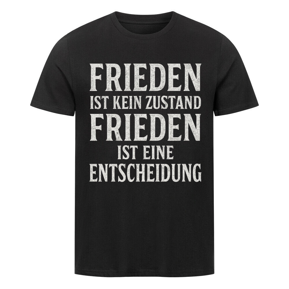 Weißer Text „Frieden ist kein Zustand Frieden ist eine Entscheidung“ auf schwarzem Hintergrund, ruhige Minimal-Optik. schwarz