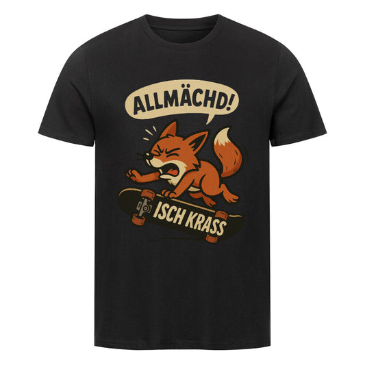 Fuchs fällt vom Skateboard, darüber der fränkische Ausruf „Allmächd!“ in einer Sprechblase. schwarz