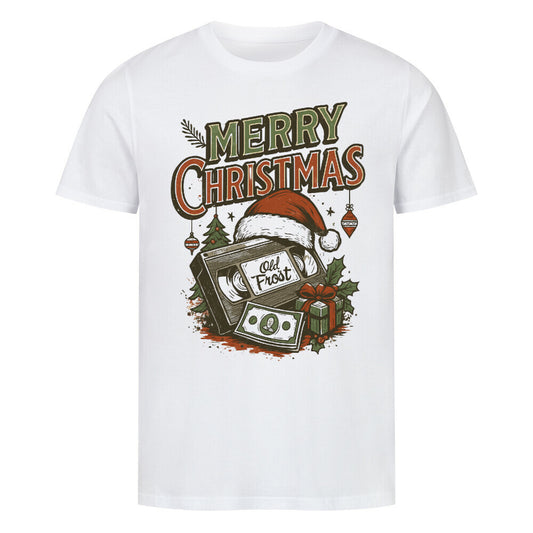 VHS-Kassette mit Santa-Mütze, Geschenke, Nostalgie-Farben, „Merry Christmas“ Retro-Schrift. weiß