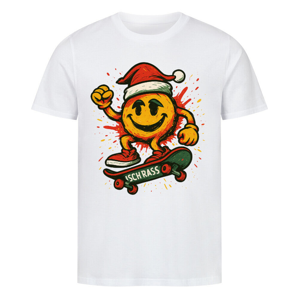 Smiley mit Weihnachtsmütze fährt Skateboard mit ISCH KRASS-Logo, bunte Splashfarben im Hintergrund.
