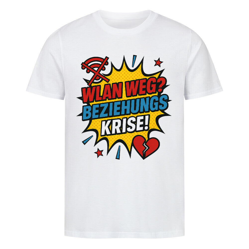 AlComic-Pop-Art-Design mit Text „WLAN weg? Beziehungskrise!“, WLAN-Symbol und gebrochenem Herz. weiß