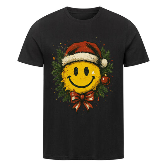 Gelber Smiley mit Nikolausmütze in Tannenkranz, rote Schleife und Kugel warme Weihnachtsfarben. schwarz