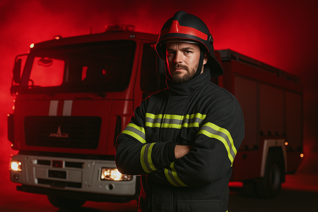Feuerwehrmann mit Helm vor Löschfahrzeug, Blaulicht im Hintergrund.