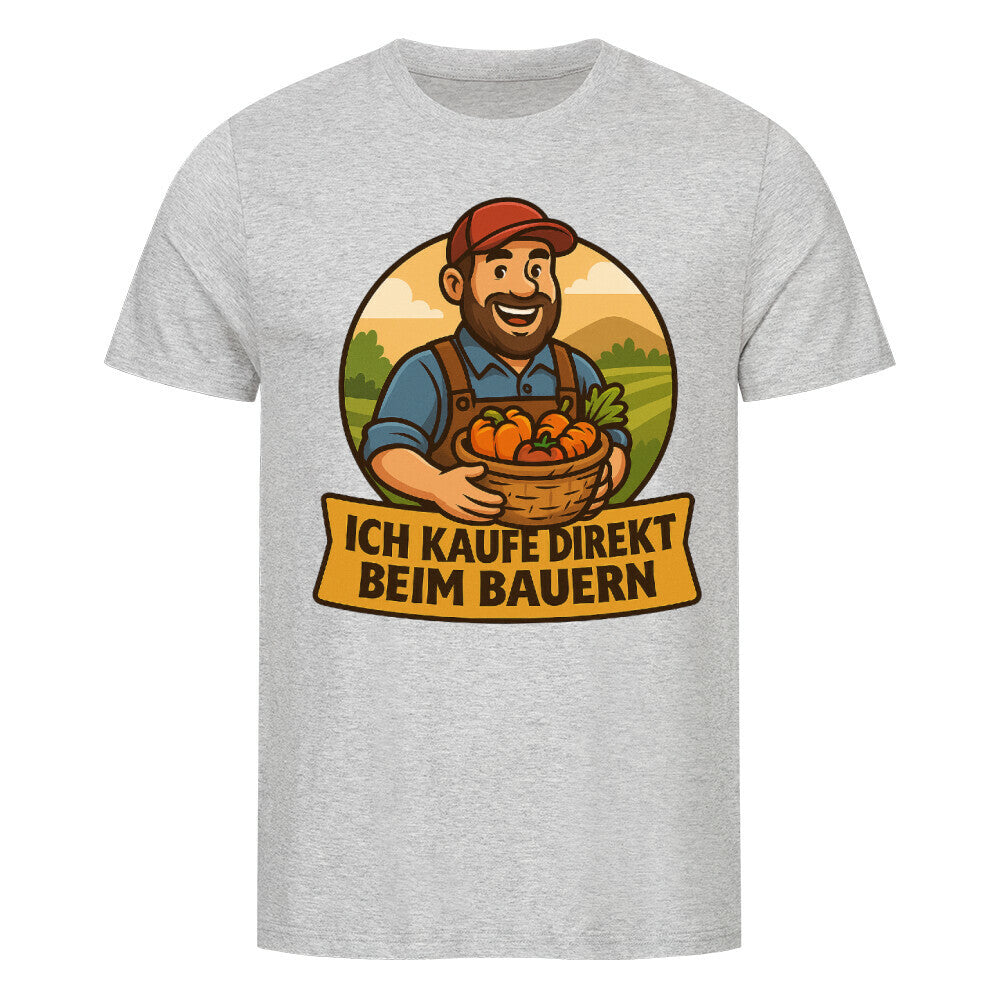 Fröhlicher Landwirt mit Korb voller Gemüse, darunter der Schriftzug „Ich kaufe direkt beim Bauern“.