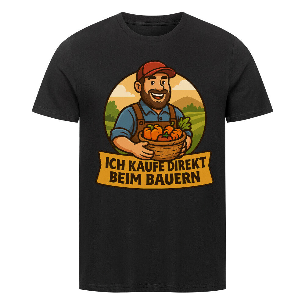 Fröhlicher Landwirt mit Korb voller Gemüse, darunter der Schriftzug „Ich kaufe direkt beim Bauern“. Schwarz