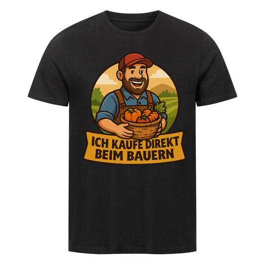Fröhlicher Landwirt mit Korb voller Gemüse, darunter der Schriftzug „Ich kaufe direkt beim Bauern“. Schwarz