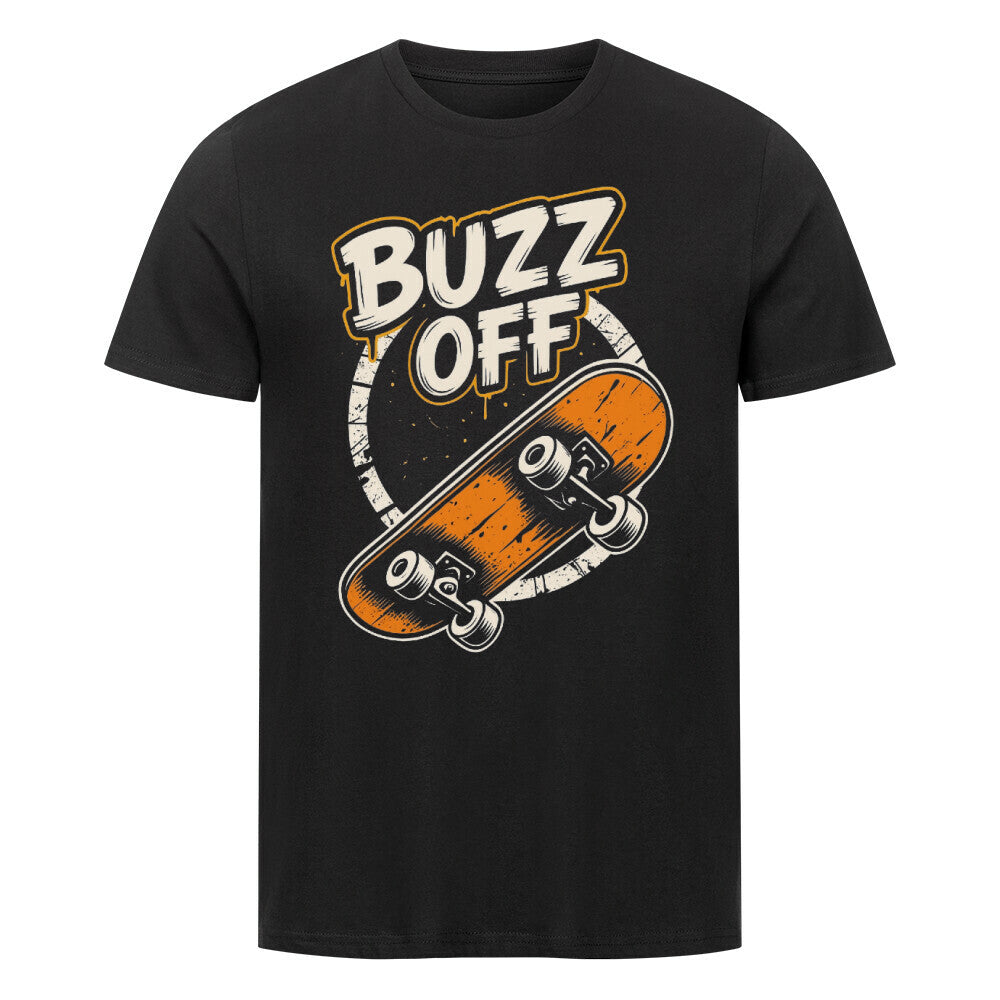 Grunge-Skateboard mit großem „Buzz Off“ Schriftzug vor Kreis. Schwarz