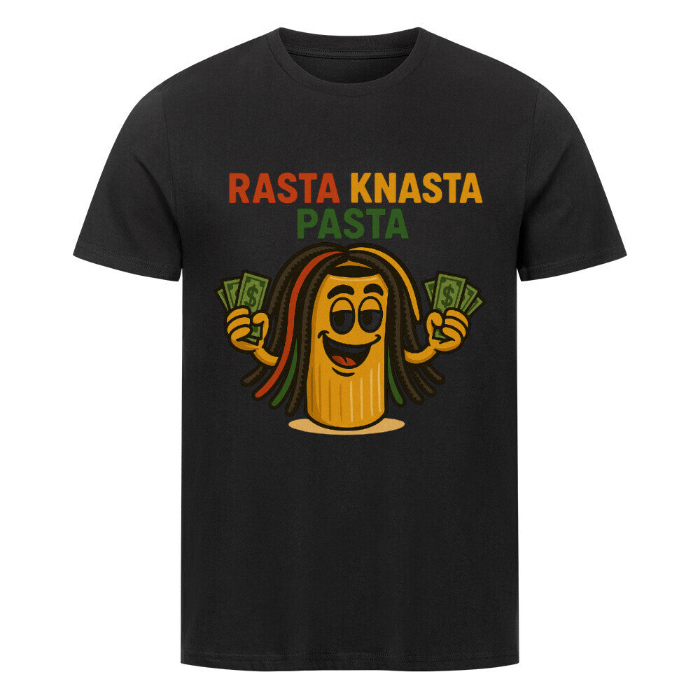 Cartoon-Nudel mit Dreadlocks und Geldfächern, Text „Rasta Knasta Pasta“. Schwarz
