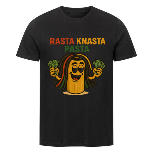 Cartoon-Nudel mit Dreadlocks und Geldfächern, Text „Rasta Knasta Pasta“. Schwarz
