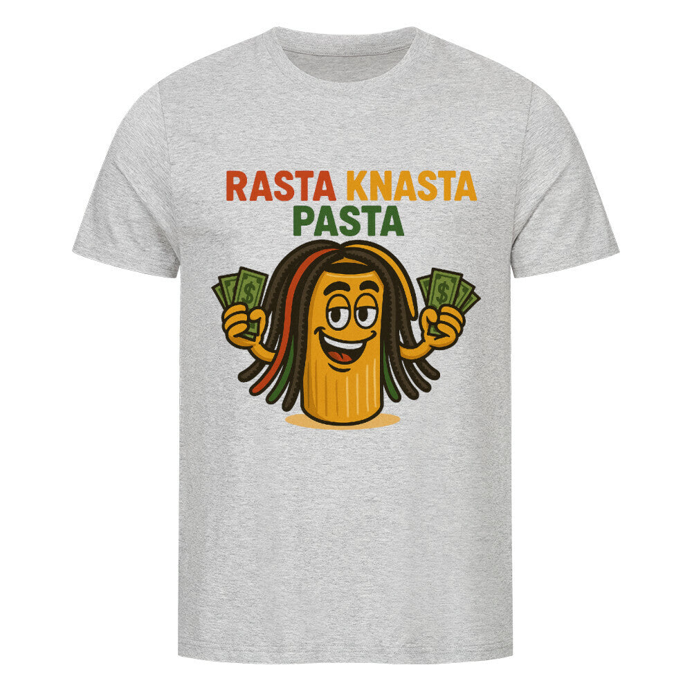 Cartoon-Nudel mit Dreadlocks und Geldfächern, Text „Rasta Knasta Pasta“. grau