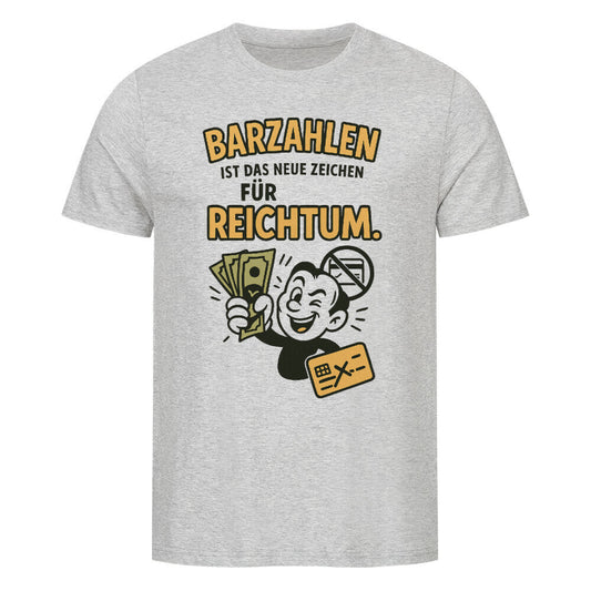 Comic-Design mit lachender Figur, die Bargeldscheine hochhält und dem Text „Barzahlen ist das neue Zeichen für Reichtum“ grau