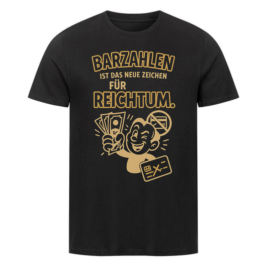 Comic-Design mit lachender Figur, die Bargeldscheine hochhält und dem Text „Barzahlen ist das neue Zeichen für Reichtum“ schwarz