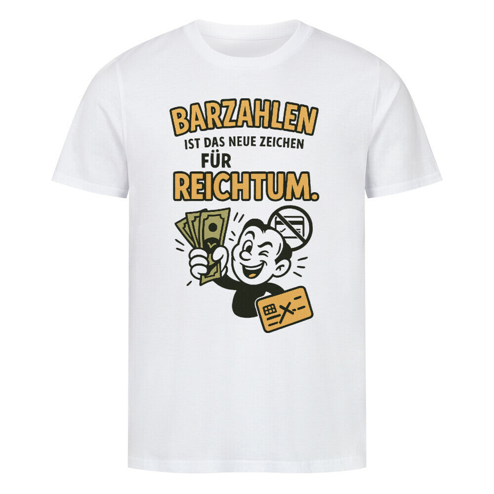Comic-Design mit lachender Figur, die Bargeldscheine hochhält und dem Text „Barzahlen ist das neue Zeichen für Reichtum“ weiß