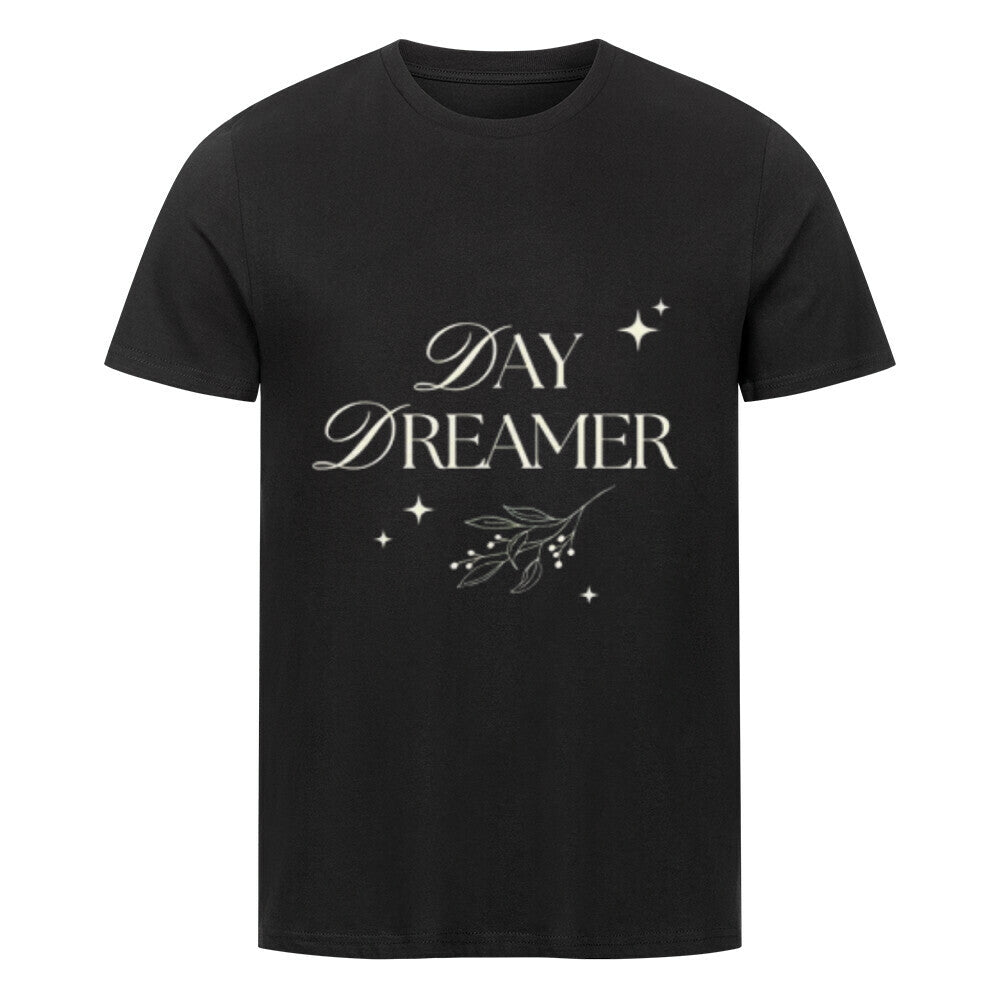 Zartes „Day Dreamer“ Typo-Design mit kleinen Sternen und floralem Zweig auf dunklem Hintergrund.