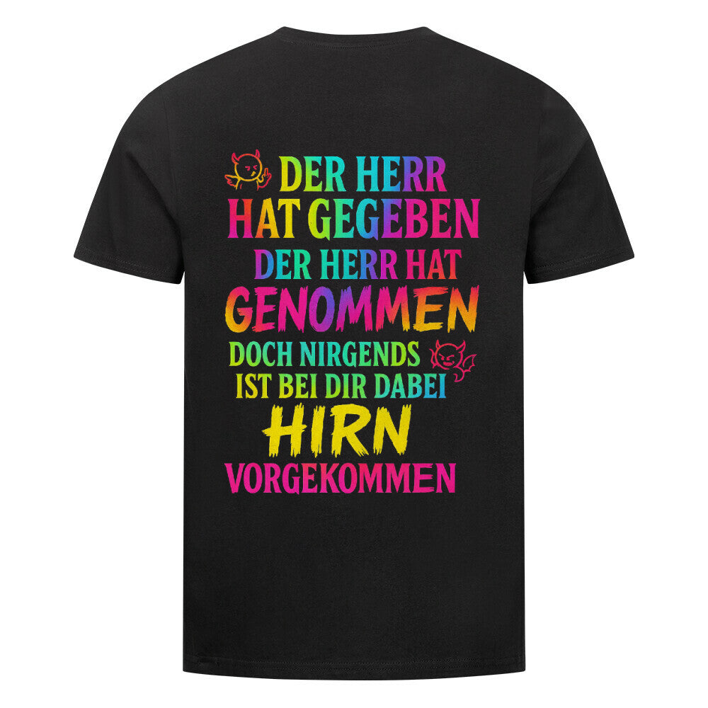 Buntes Rainbow-Typo-Design mit Text „Der Herr hat gegeben … HIRN vorgekommen“