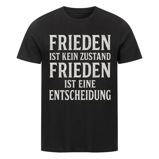 Weißer Text „Frieden ist kein Zustand Frieden ist eine Entscheidung“ auf schwarzem Hintergrund, ruhige Minimal-Optik. schwarz