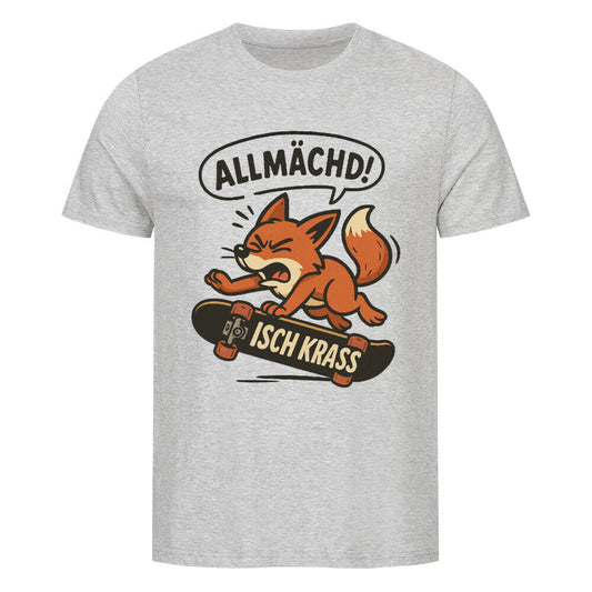Fuchs fällt vom Skateboard, darüber der fränkische Ausruf „Allmächd!“ in einer Sprechblase. grau