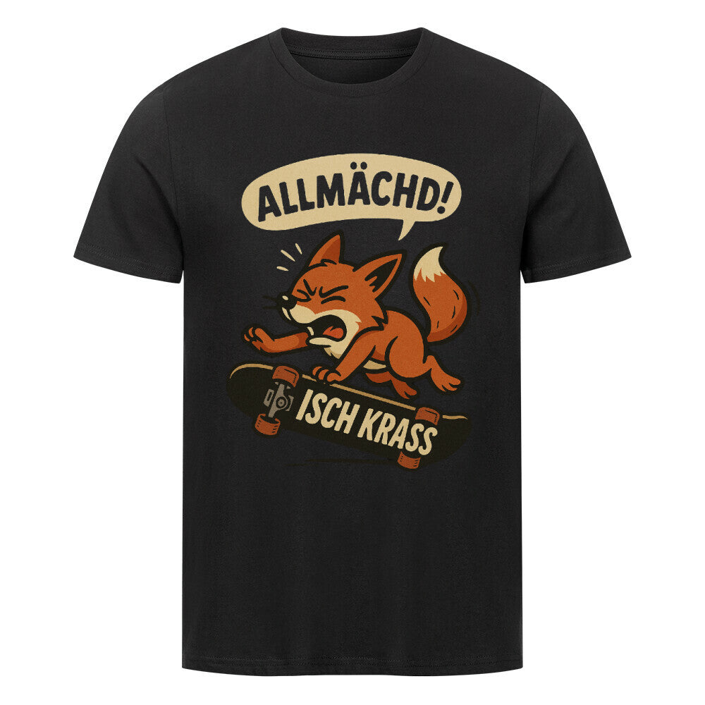 Fuchs fällt vom Skateboard, darüber der fränkische Ausruf „Allmächd!“ in einer Sprechblase. schwarz 