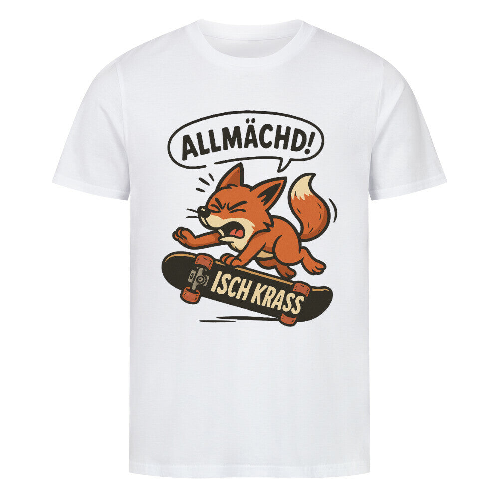 Fuchs fällt vom Skateboard, darüber der fränkische Ausruf „Allmächd!“ in einer Sprechblase. weiß
