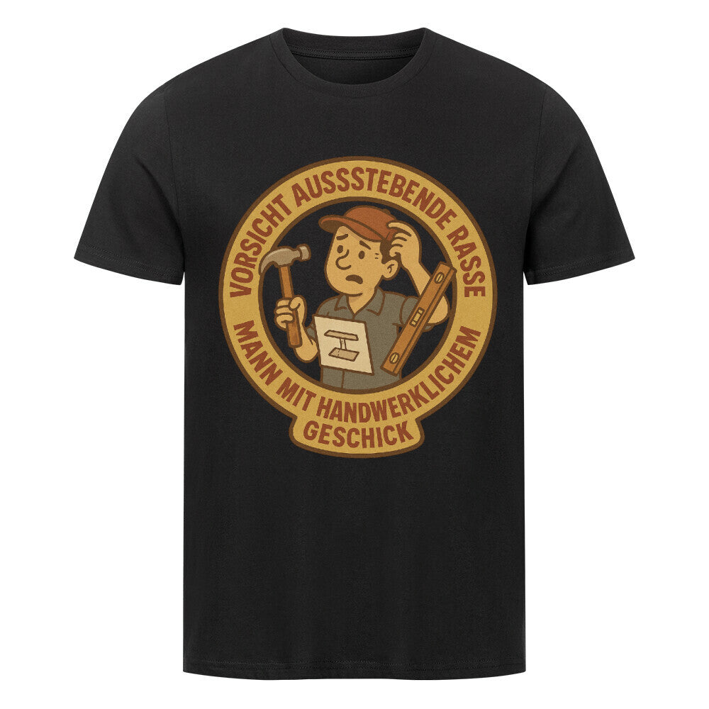 Retro-Illustration eines unsicheren Heimwerkers mit Hammer und Wasserwaage, umgeben von dem Text „Vorsicht aussterbende Rasse Mann mit handwerklichem Geschick“. Schwarz