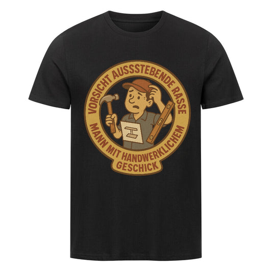 Retro-Illustration eines unsicheren Heimwerkers mit Hammer und Wasserwaage, umgeben von dem Text „Vorsicht aussterbende Rasse Mann mit handwerklichem Geschick“. Schwarz