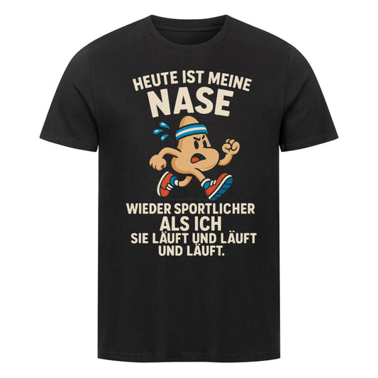 Comic-Nase mit Stirnband beim Laufen, Text „Heute ist meine Nase sportlicher als ich sie läuft und läuft“.