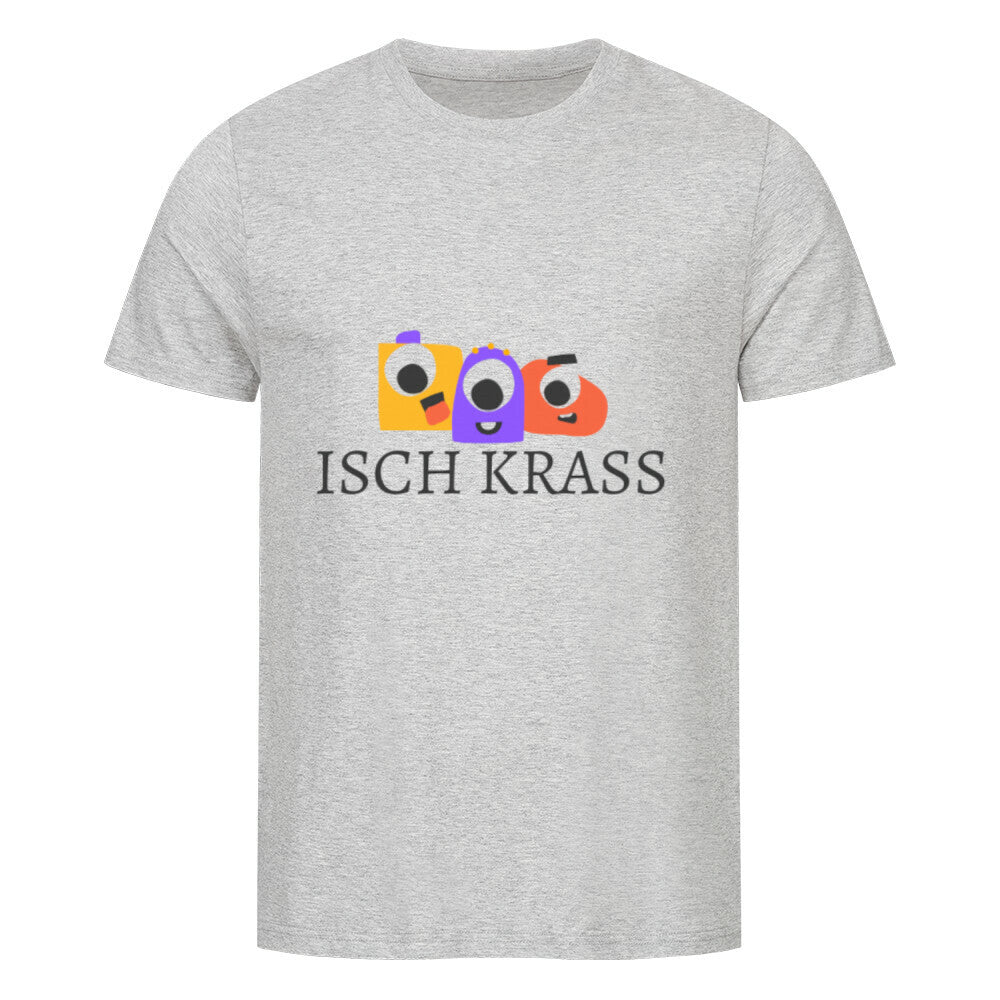 ISCH KRASS Logo mit drei farbigen Charakterformen und dunklem Schriftzug heather grey