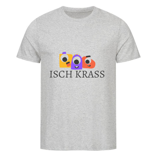 ISCH KRASS Logo mit drei farbigen Charakterformen und dunklem Schriftzug heather grey