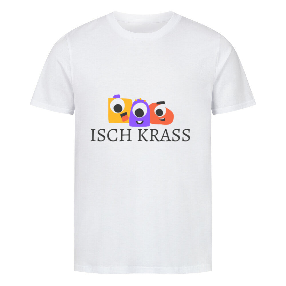 ISCH KRASS Logo mit drei farbigen Charakterformen und dunklem Schriftzug weiß