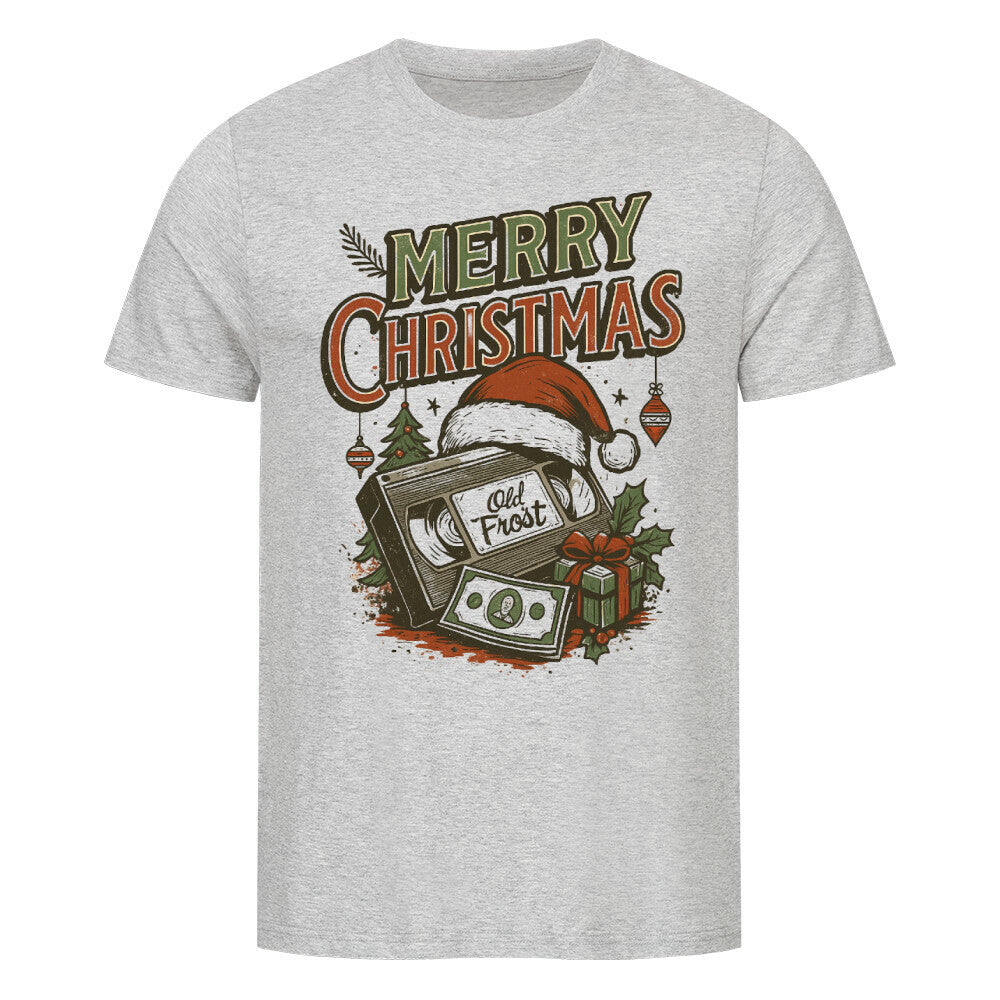 VHS-Kassette mit Santa-Mütze, Geschenke, Nostalgie-Farben, „Merry Christmas“ Retro-Schrift. Grau