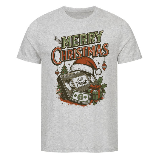 VHS-Kassette mit Santa-Mütze, Geschenke, Nostalgie-Farben, „Merry Christmas“ Retro-Schrift. Grau
