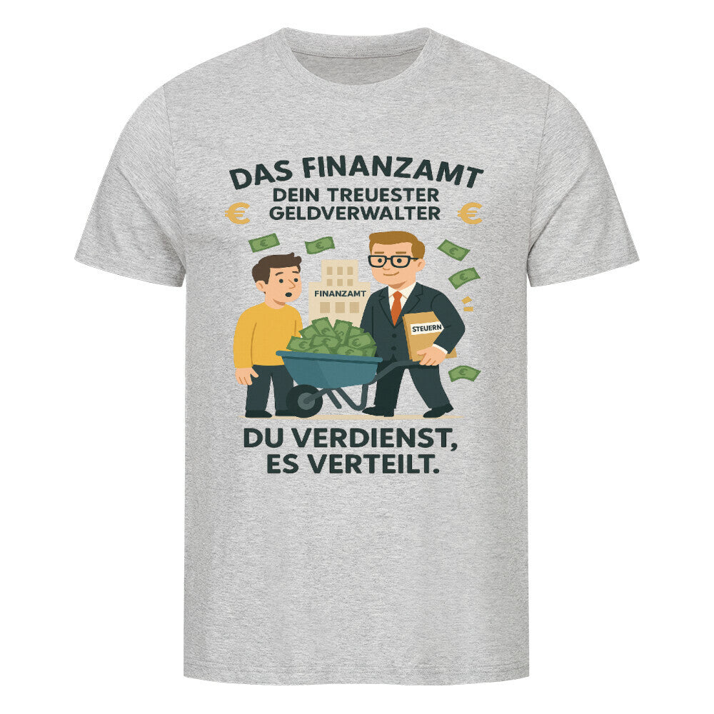 Cartoon: Finanzbeamter mit Geldkarre – Text „Das Finanzamt – Dein treuester Geldverwalter. Du verdienst, es verteilt.“ Grau