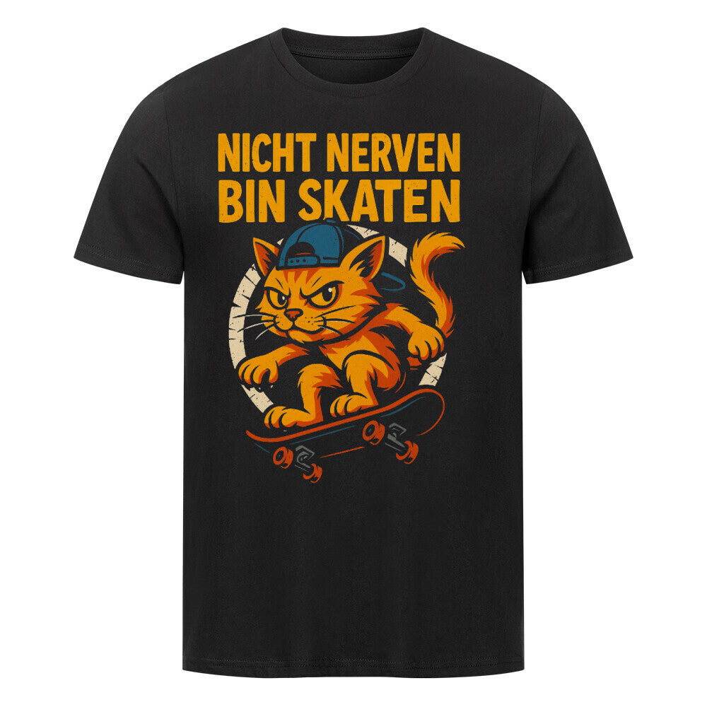 Orange Cartoon-Katze mit Cap fährt Skateboard, Text: Nicht nerven bin skaten. Schwarz