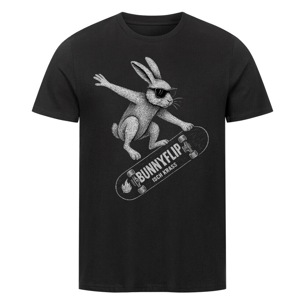 Handgezeichneter Hase mit Sonnenbrille macht einen Flip auf dem Skateboard – Text „BUNNYFLIP“.