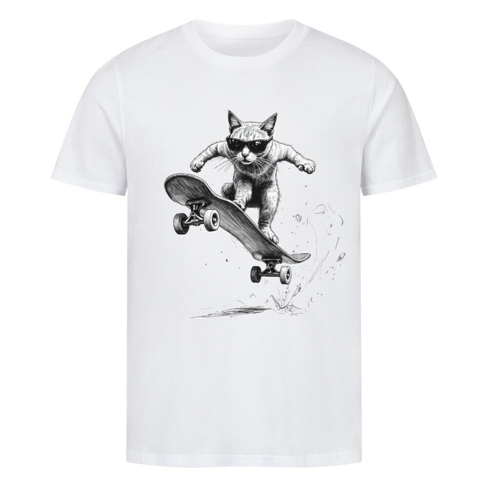 Comic-Sketch einer coolen Katze mit Sonnenbrille, die einen Skateboard-Trick ausführt. weiß