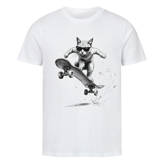 Comic-Sketch einer coolen Katze mit Sonnenbrille, die einen Skateboard-Trick ausführt. weiß