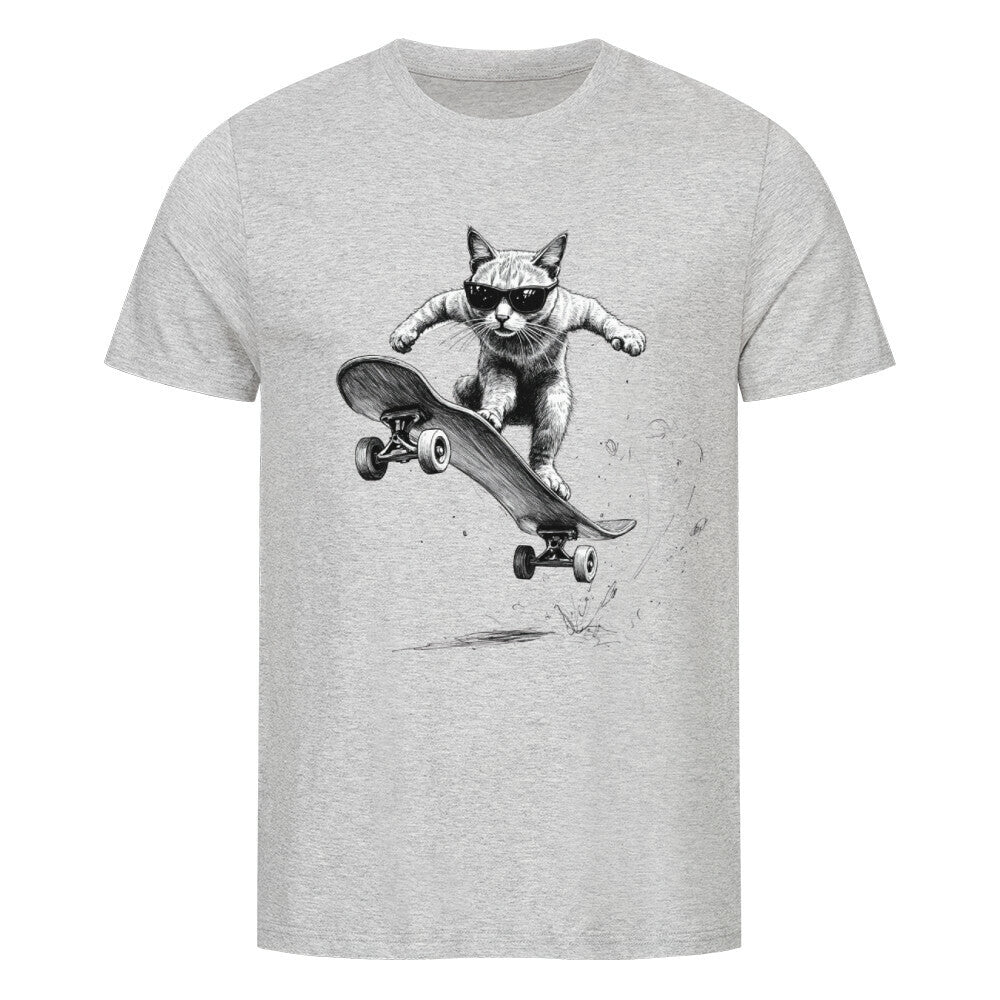 Comic-Sketch einer coolen Katze mit Sonnenbrille, die einen Skateboard-Trick ausführt. Grau