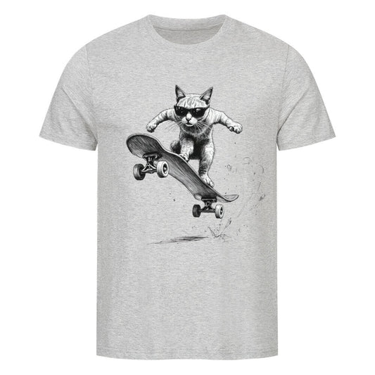 Comic-Sketch einer coolen Katze mit Sonnenbrille, die einen Skateboard-Trick ausführt. Grau
