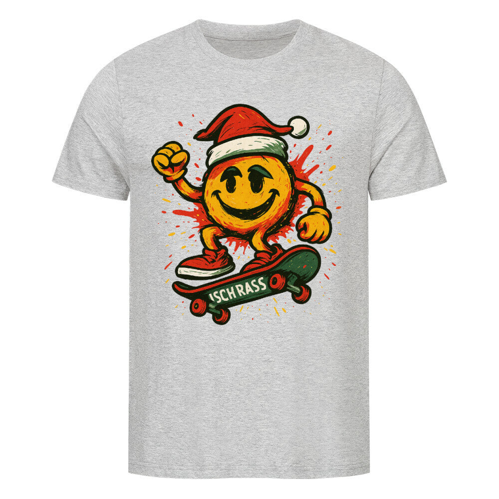 Smiley mit Weihnachtsmütze fährt Skateboard mit ISCH KRASS-Logo, bunte Splashfarben im Hintergrund. grau