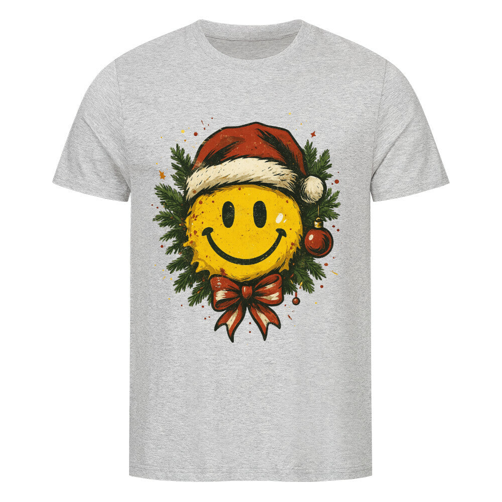 Gelber Smiley mit Nikolausmütze in Tannenkranz, rote Schleife und Kugel  warme Weihnachtsfarben. grau