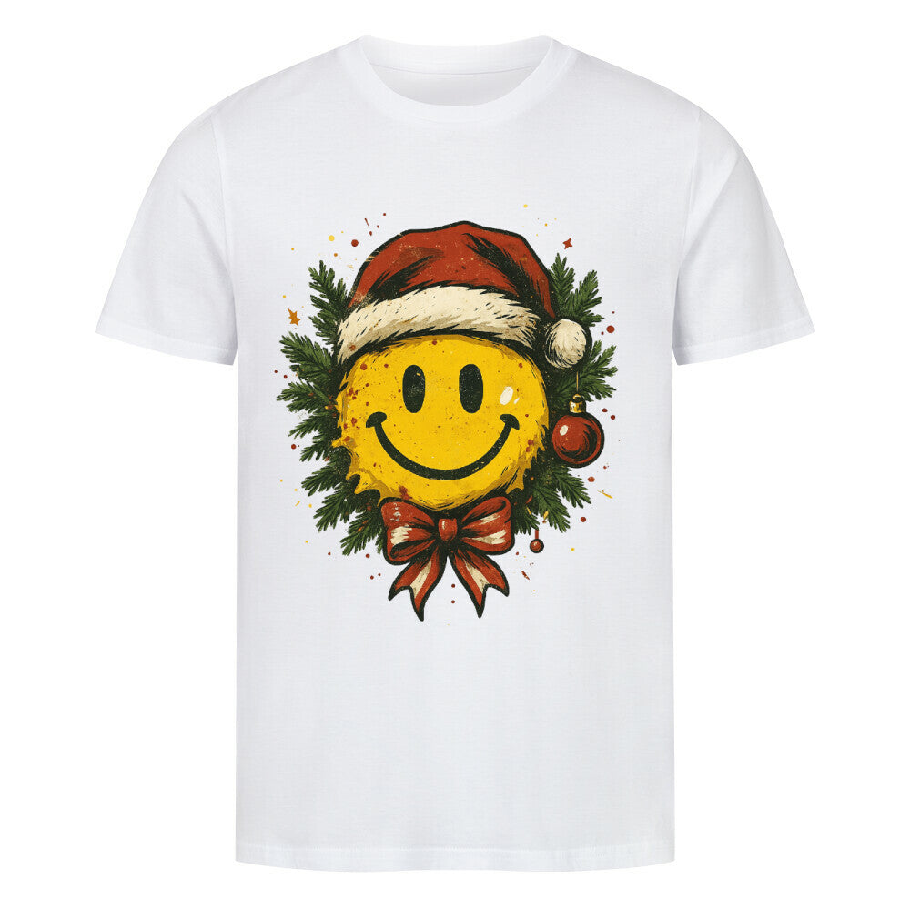Gelber Smiley mit Nikolausmütze in Tannenkranz, rote Schleife und Kugel  warme Weihnachtsfarben. weiß