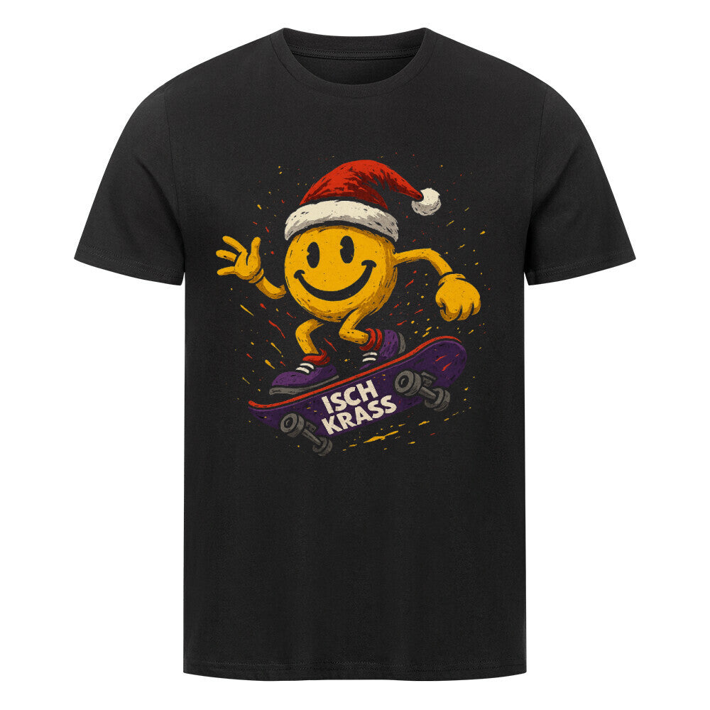 Fröhlicher Smiley mit Weihnachtsmütze fährt Skateboard mit ISCH KRASS-Logo, bunte Farbkleckse im Hintergrund. schwarz