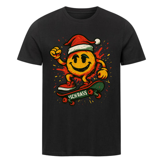 Smiley mit Weihnachtsmütze fährt Skateboard mit ISCH KRASS-Logo, bunte Splashfarben im Hintergrund.