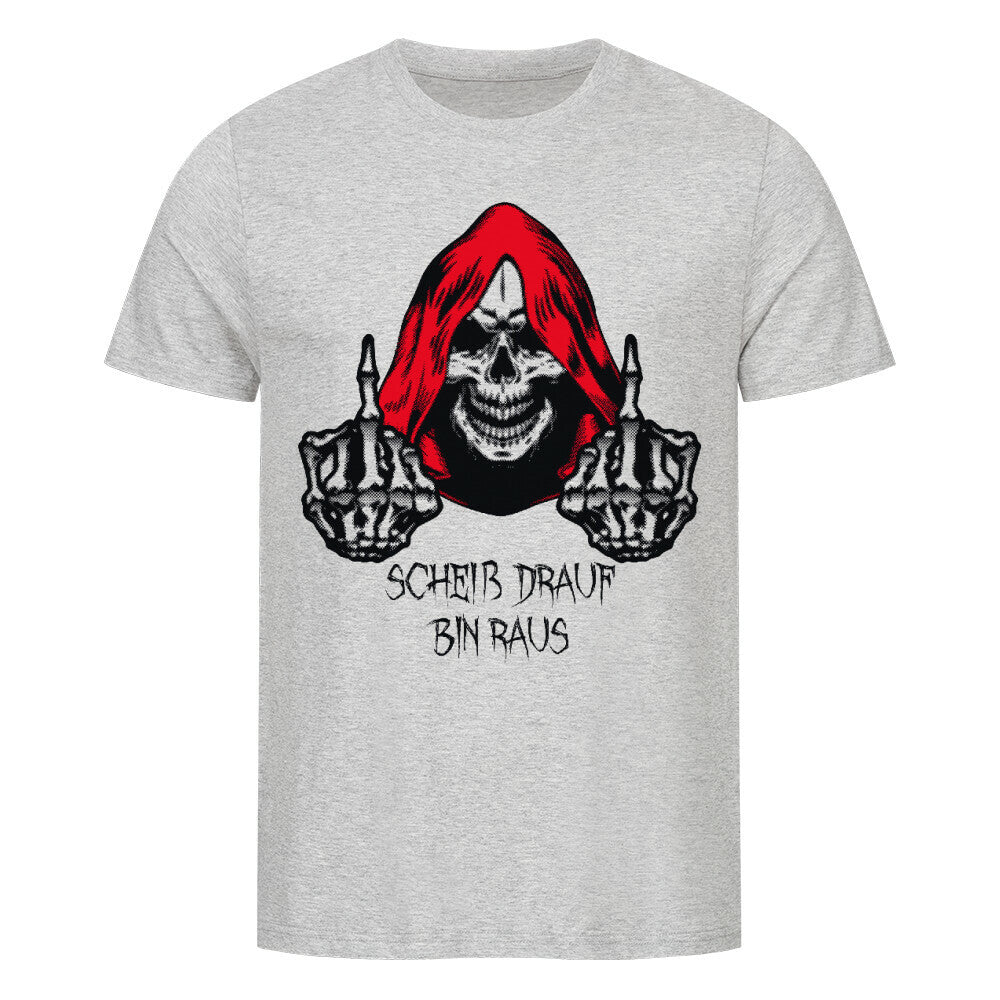 Totenkopf-T-Shirt mit Spruch „Scheiß drauf – bin raus“ in Rot-Weiß-Design heather grey
