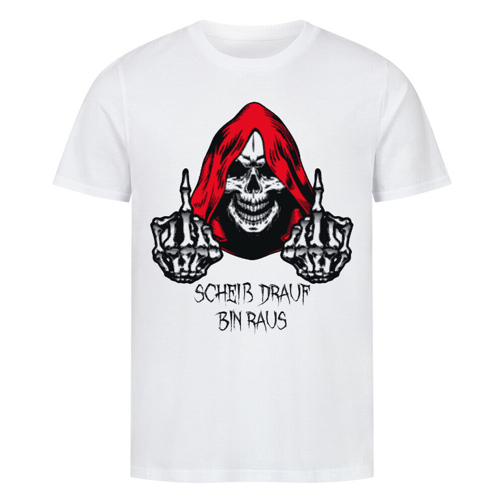 Totenkopf-T-Shirt mit Spruch „Scheiß drauf – bin raus“ in Rot-Weiß-Design  weiß