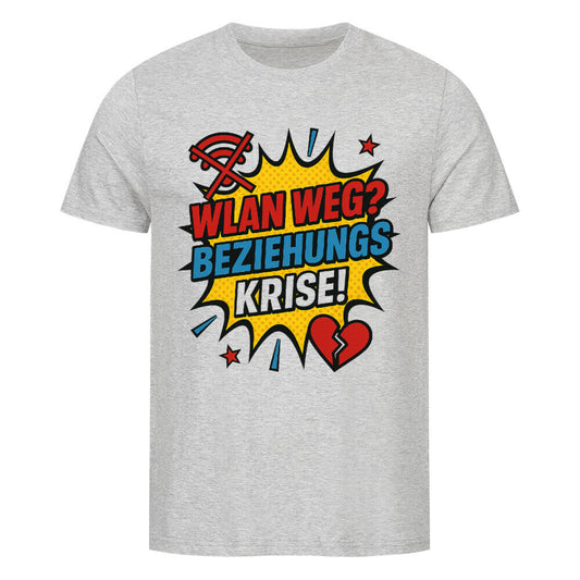 Comic-Pop-Art-Design mit Text „WLAN weg? Beziehungskrise!“, WLAN-Symbol und gebrochenem Herz.heather grey