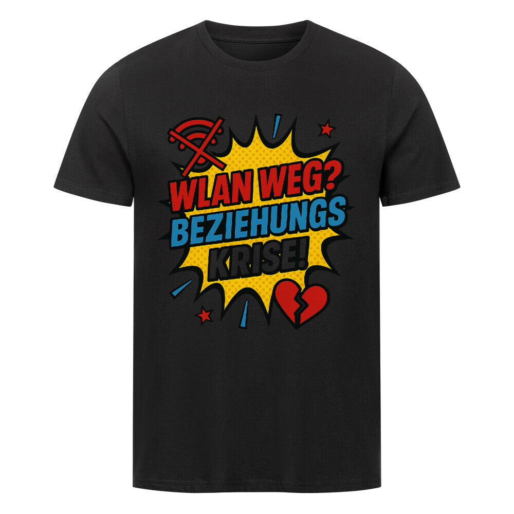 Comic-Pop-Art-Design mit Text „WLAN weg? Beziehungskrise!“, WLAN-Symbol und gebrochenem Herz. schwarz